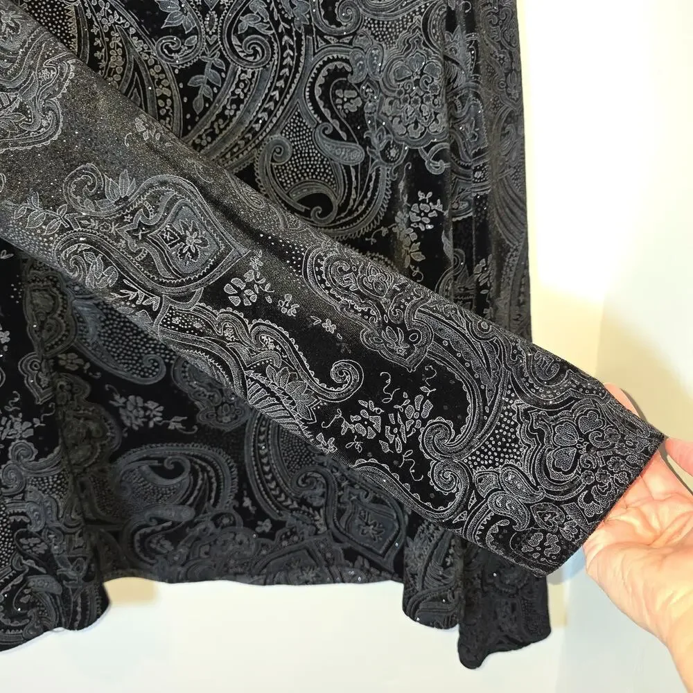 White Stag Black Paisley Velvet Long Sleeve Stretch Top Party Shimmer Size L